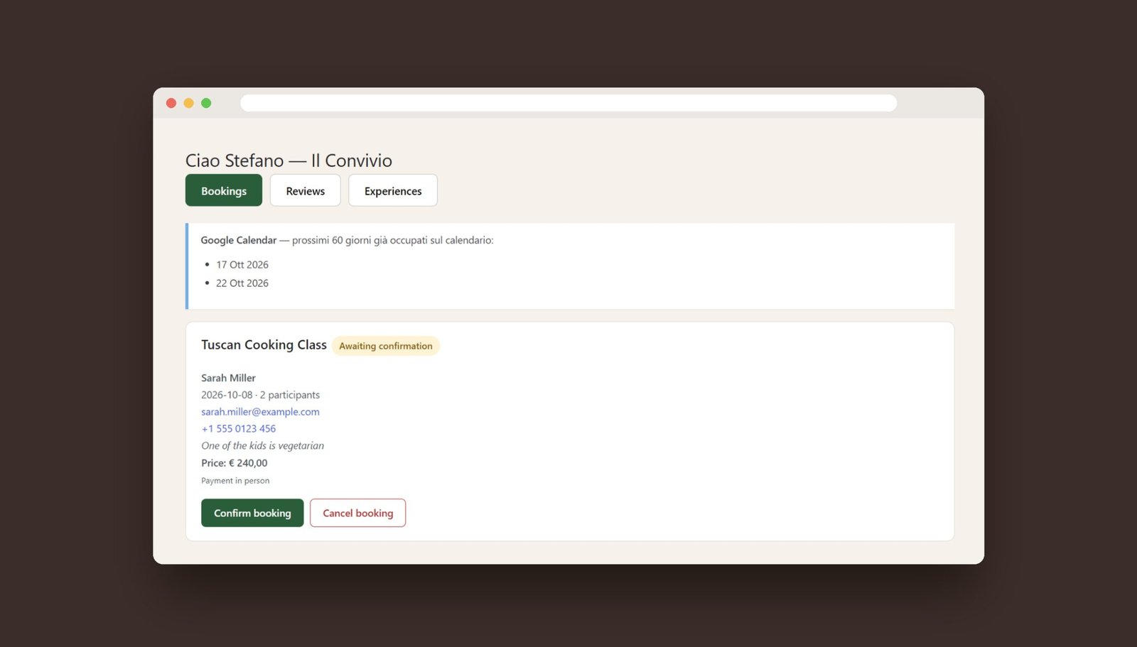 Il pannello di gestione Il Convivio con dati di esempio